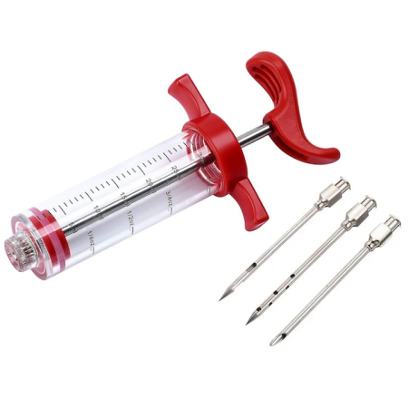 Gatit & preparare - Set seringa marinare carne VarioShop®, 3 ace diferite, 30 ml, inox, 22 cm, Transparent / Rosu