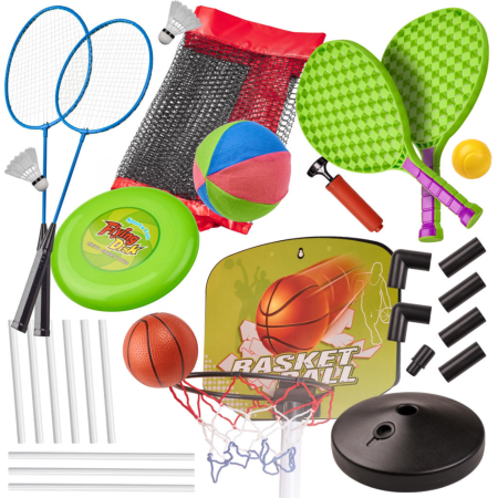 Jucarii de exterior - Set sportiv multifunctional pentru copii VarioShop®, baschet, tenis, badminton, volei, frisbee, plasa si cos baschet, accesorii complete pentru joaca activa