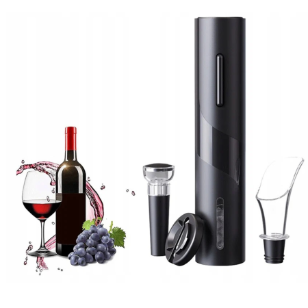 Articole pentru bauturi si cafele - Set tirbuson electric pentru sticle de vin VarioShop®, cu taietor folie, 2 dopuri reutilizabile, suport inclus, usor de utilizat, negru, 23 x 4,8 cm