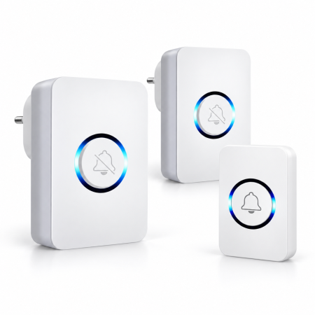Electrice - Sonerie wireless VarioShop® cu 1 buton exterior si 2 receptoare pentru priza, 62 melodii, 4 niveluri de volum, raza de pana la 150 m, 433 MHz, alba