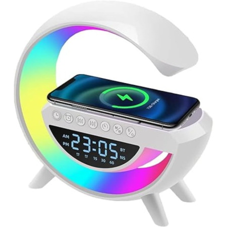 Laptop, Tablete & Telefoane - Statie de incarcare VarioShop®, ceas decorativ digital, luminat RGB 7 culori, redare muzica Bluetooth, alarma, radio AM/FM, card SD, Aux, Alb