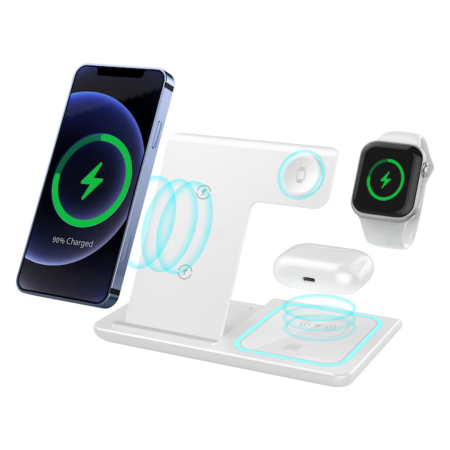 Incarcatoare telefoane - Statie de incarcare wireless 3 in 1 VarioShop®, pentru telefon, ceas si casti, tehnologie QC 3.0, putere maxima 15W, iluminare LED, alb