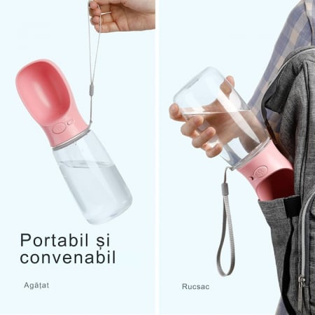 Sticla portabila cu rezervor de apa pentru animale VarioShop®, rezistent la scurgeri, functie blocare/deblocare, capacitate 380 ml, 22 x 7.5 cm, Roz [6]