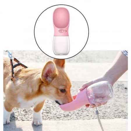 Sticla portabila cu rezervor de apa pentru animale VarioShop®, rezistent la scurgeri, functie blocare/deblocare, capacitate 380 ml, 22 x 7.5 cm, Roz [10]