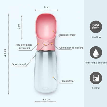 Sticla portabila cu rezervor de apa pentru animale VarioShop®, rezistent la scurgeri, functie blocare/deblocare, capacitate 380 ml, 22 x 7.5 cm, Roz [1]
