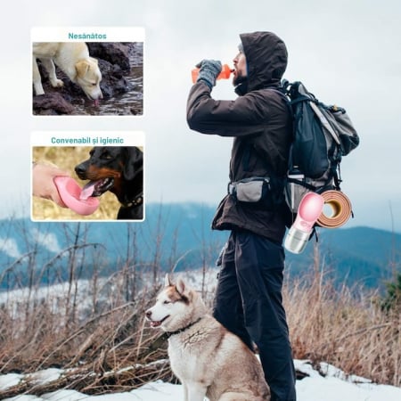Sticla portabila cu rezervor de apa pentru animale VarioShop®, rezistent la scurgeri, functie blocare/deblocare, capacitate 380 ml, 22 x 7.5 cm, Roz [3]