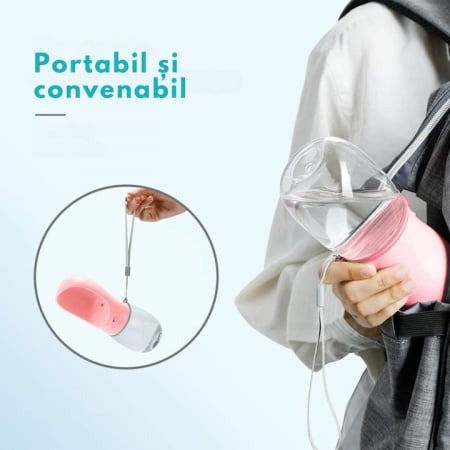 Sticla portabila cu rezervor de apa pentru animale VarioShop®, rezistent la scurgeri, functie blocare/deblocare, capacitate 380 ml, 22 x 7.5 cm, Roz [7]