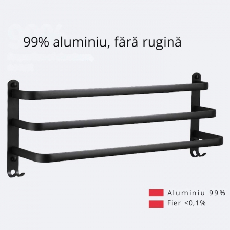 Suport de Prosoape VarioShop®, Montare pe Perete, 3 Nivele, Accesorii Instalare, Rezistent la Apa si Rugina, Aluminiu, 49 x 24 cm, Negru [6]