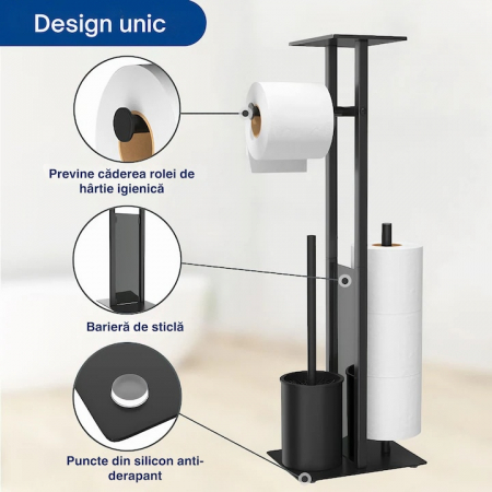 Suport multifunctional VarioShop®, pentru Hartie igienica cu perie de WC si Suport pentru role, Design elegant din Otel vopsit cu pulbere, Sticla si PVC de inalta Calitate, culoare Negru Mat, 70 x 20 [2]