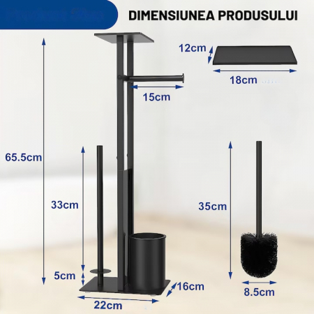 Suport multifunctional VarioShop®, pentru Hartie igienica cu perie de WC si Suport pentru role, Design elegant din Otel vopsit cu pulbere, Sticla si PVC de inalta Calitate, culoare Negru Mat, 70 x 20 [6]