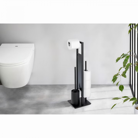 Suport multifunctional VarioShop®, pentru Hartie igienica cu perie de WC si Suport pentru role, Design elegant din Otel vopsit cu pulbere, Sticla si PVC de inalta Calitate, culoare Negru Mat, 70 x 20 [9]