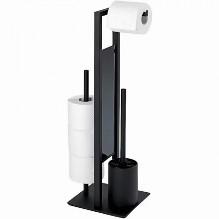 Baie - Suport multifunctional VarioShop®, pentru Hartie igienica cu perie de WC si Suport pentru role, Design elegant din Otel vopsit cu pulbere, Sticla si PVC de inalta Calitate, culoare Negru Mat, 70 x 20