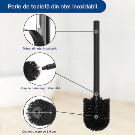 Suport multifunctional VarioShop®, pentru Hartie igienica cu perie de WC si Suport pentru role, Design elegant din Otel vopsit cu pulbere, Sticla si PVC de inalta Calitate, culoare Negru Mat, 70 x 20 [5]