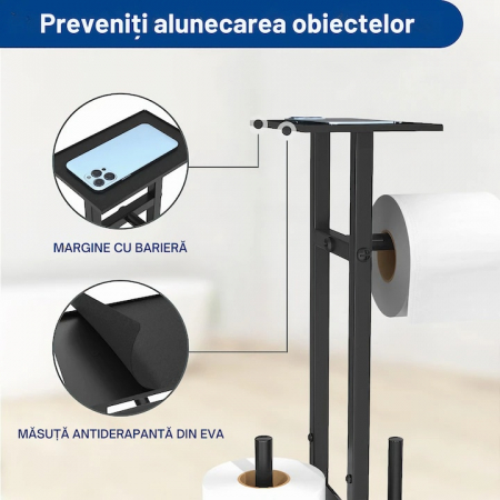 Suport multifunctional VarioShop®, pentru Hartie igienica cu perie de WC si Suport pentru role, Design elegant din Otel vopsit cu pulbere, Sticla si PVC de inalta Calitate, culoare Negru Mat, 70 x 20 [4]