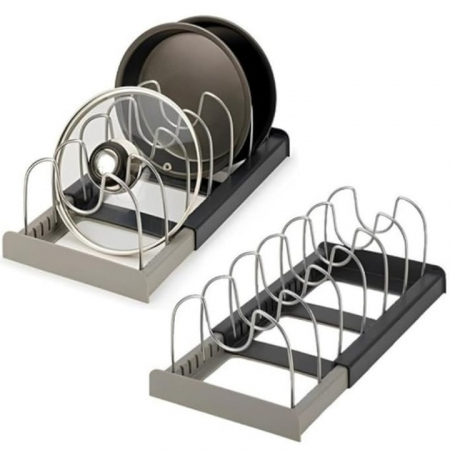 Suport Organizator Extensibil Pentru Vase VarioShop®, Capace, Oale, Tigai, Economisire Spatiu, Estetic, 7 Separatoare, 56 x 21 x 16 cm, Gri