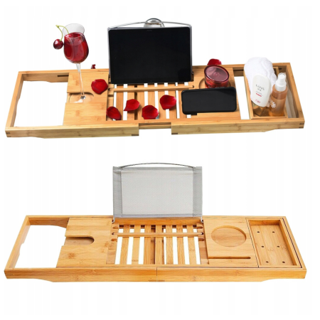 Mobilier profesional - Suport pentru cada din bambus VarioShop®, ajustabil 70-103 cm, cu spatii pentru tableta, carte, pahar, sapun si lumanare
