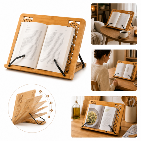 Idei cadou - Suport pentru carti VarioShop®, reglabil si pliabil, pentru lectura, tablete si laptopuri, cu cleme metalice, 34 x 24.3 cm, maro