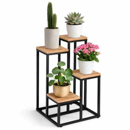 Ghivece si suporturi - Suport pentru flori VarioShop®, 4 niveluri, stil loft industrial, structura metalica, polite stejar Sonoma, 34x34x69 cm, negru
