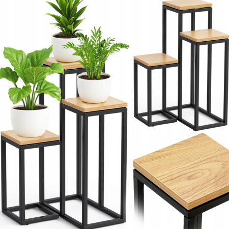 Ghivece si suporturi - Suport pentru flori VarioShop® metalic tip etajera, 3 niveluri, stil loft industrial, rafturi pentru plante, negru cu finisaj lemn, inaltime 67 cm