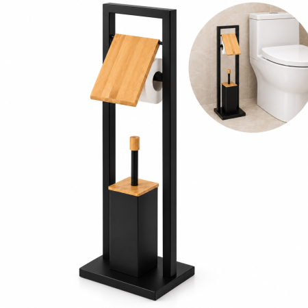Casa & Bucatarie - Suport pentru hartie igienica si perie de toaleta VarioShop®, baza ingreunata, recipient interior detasabil, metal sii bambus, 72 cm, negru mat 