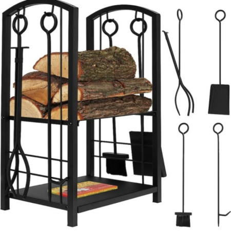 Bricolaj & Gradina - Suport pentru lemne VarioShop®, cu accesorii 4 in 1 cleste, lopata, matura si vatrai, otel inoxidabil, finisaj mat, capacitate 30 kg, pentru interior si exterior