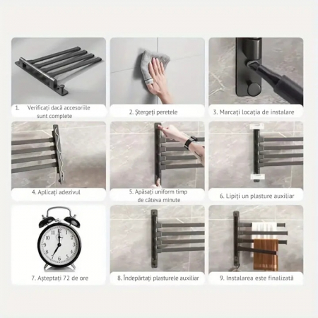 Suport pentru prosoape VarioShop®, 4 brate, Rezistent la Apa, Rugina, Lipire/Perforare, Otel Inoxidabil, Dimensiune 30 cm, Gri [7]