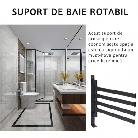 Suport pentru prosoape VarioShop®, 4 brate, Rezistent la Apa, Rugina, Lipire/Perforare, Otel Inoxidabil, Dimensiune 30 cm, Negru [1]