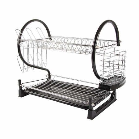 Suport pentru uscarea vaselor pe 2 nivele VarioShop®, Capacitate 16 vase si 6 pahare, Suport tacamuri, Tava de plastic pentru scurgerea excesului de apa, Dimensiuni 38 x 52 x 25.5 cm, Negru [14]