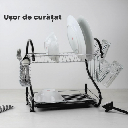 Suport pentru uscarea vaselor pe 2 nivele VarioShop®, Capacitate 16 vase si 6 pahare, Suport tacamuri, Tava de plastic pentru scurgerea excesului de apa, Dimensiuni 38 x 52 x 25.5 cm, Negru [4]