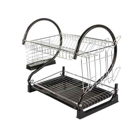 Suport pentru uscarea vaselor pe 2 nivele VarioShop®, Capacitate 16 vase si 6 pahare, Suport tacamuri, Tava de plastic pentru scurgerea excesului de apa, Dimensiuni 38 x 52 x 25.5 cm, Negru [10]
