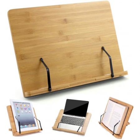 Laptopuri si accesorii - Suport tip stand pentru carti VarioShop®, potrivit pentru laptop, tableta, 2 brate reglabile, 6 nivele de ajustare, portabil, 21 x 28 x 13-18,5 cm, bambus, Maro