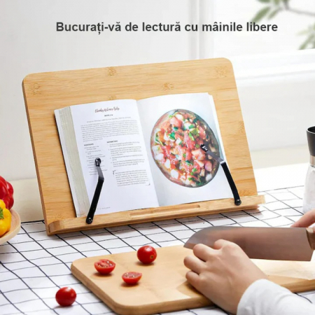 Suport tip stand pentru carti VarioShop®, potrivit pentru laptop, tableta, 2 brate reglabile, 6 nivele de ajustare, portabil, 21 x 28 x 13-18,5 cm, bambus, Maro [1]