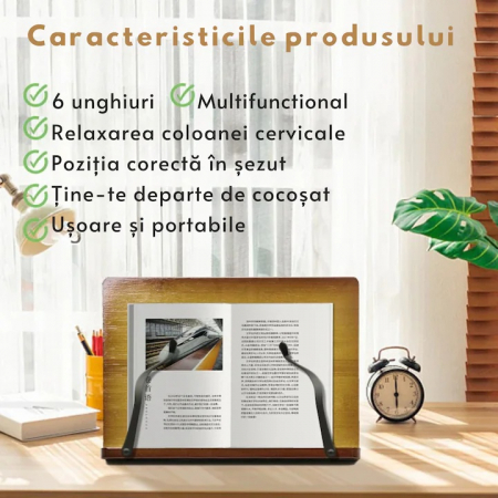 Suport tip stand pentru carti VarioShop®, potrivit pentru laptop, tableta, 2 brate reglabile, 6 nivele de ajustare, portabil, 21 x 28 x 13-18,5 cm, bambus, Maro [9]