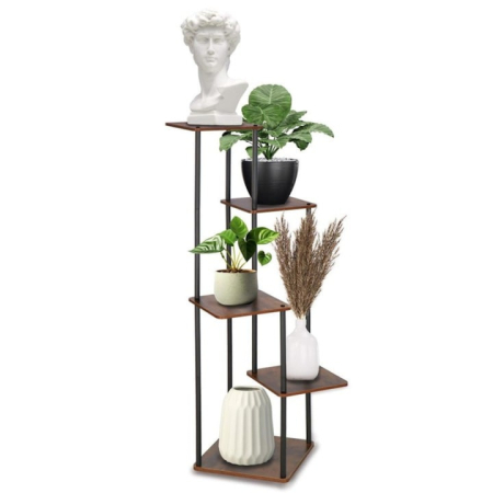 Ghivece si suporturi - Suport vertical pentru flori si plante VarioShop®, 5 niveluri stil loft industrial, cadru metalic negru cu rafturi MDF culoare lemn, stabil si rezistent, capacitate 75 kg, pentru interior sau balcon