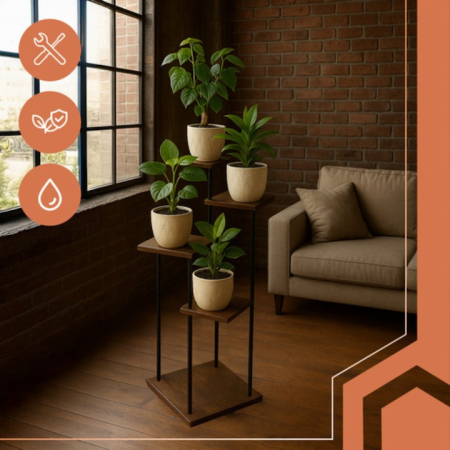 Suport vertical pentru flori si plante VarioShop®, 5 niveluri stil loft industrial, cadru metalic negru cu rafturi MDF culoare lemn, stabil si rezistent, capacitate 75 kg, pentru interior sau balcon [8]