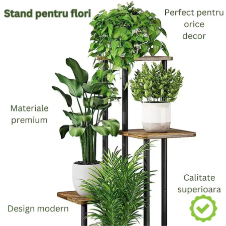 Suport vertical pentru flori si plante VarioShop®, 5 niveluri stil loft industrial, cadru metalic negru cu rafturi MDF culoare lemn, stabil si rezistent, capacitate 75 kg, pentru interior sau balcon [1]