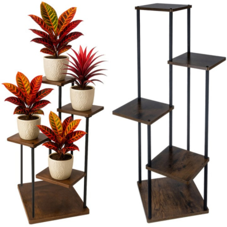 Suport vertical pentru flori si plante VarioShop®, 5 niveluri stil loft industrial, cadru metalic negru cu rafturi MDF culoare lemn, stabil si rezistent, capacitate 75 kg, pentru interior sau balcon [12]
