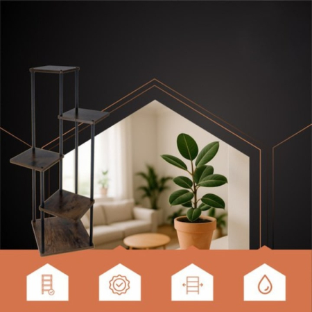 Suport vertical pentru flori si plante VarioShop®, 5 niveluri stil loft industrial, cadru metalic negru cu rafturi MDF culoare lemn, stabil si rezistent, capacitate 75 kg, pentru interior sau balcon [7]