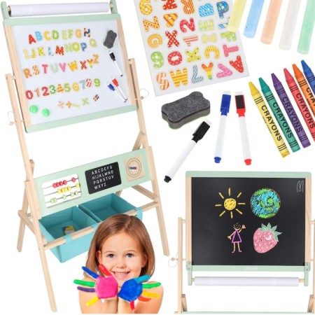 Jucarii, Copii & Bebe - Tabla educationala multifunctionala 3 in 1 VarioShop®, din lemn, pentru copii, fata-verso magnetica cu rola de hartie, abac, ceas cu ace mobile si set complet de accesorii, 112x62x43 cm