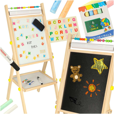 Creta si table scolare - Tabla Educativa Magnetica 2in1 VarioShop®, Tabla Alba cu Marker si Tabla Neagra pentru Creta, Abac, Litere Magnetice, Suport Hartie, Raft Accesorii, Lemn Natural, 90cm