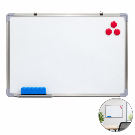 Creta si table scolare - Tabla magnetica alba VarioShop®, pentru notite si prezentari, cu stergere uscata, rama din aluminiu, montaj vertical sau orizontal, 5 accesorii incluse, 3 magneti, burete si raft, 60 x 45 cm