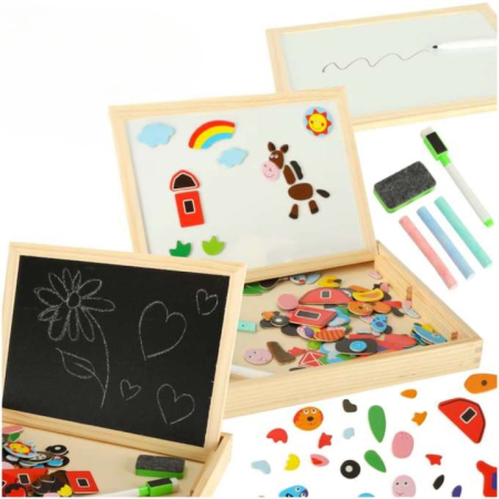 Jucarii, Copii & Bebe - Tabla magnetica educationala din lemn pentru copii VarioShop®, fata-verso, puzzle-uri magnetice, marker, creta, joc creativ, scris si desenat, dimensiune 30 x 23 cm