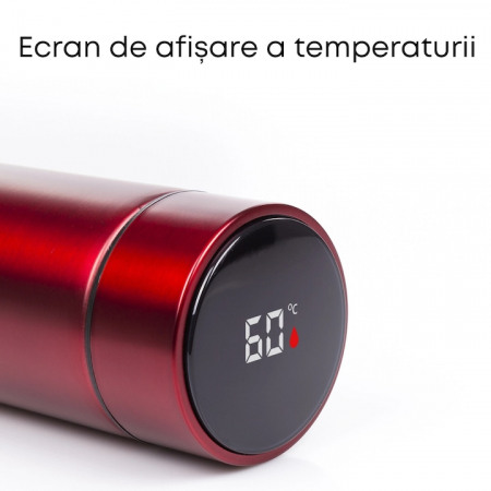 Termos smart cu afisaj LED VarioShop®, Afisarea Temperaturii, Pastreaza Bautura Fierbinte sau Rece timp de 12 ore, Otel Inoxidabil, Capacitate 500 ml, Dimensiune 21.5 x 6.7 cm, Rosu [14]