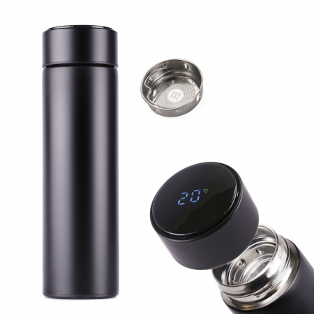 Termosuri, cani si sticle - Termos smart cu afisaj LED VarioShop®, Afisarea Temperaturii, Pastreaza Bautura Fierbinte sau Rece timp de 12 ore, Otel Inoxidabil, Capacitate 500 ml, Dimensiune 21.5 x 6.7 cm, Negru