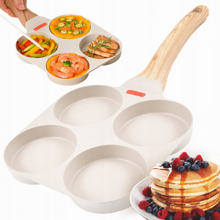 Bucatarie & Servire - Tigaie Multifunctionala VarioShop®, pentru 4 oua, mini pizza, pancake, sandwich, tigaie cu invelis antiaderent si maner din lemn, bej