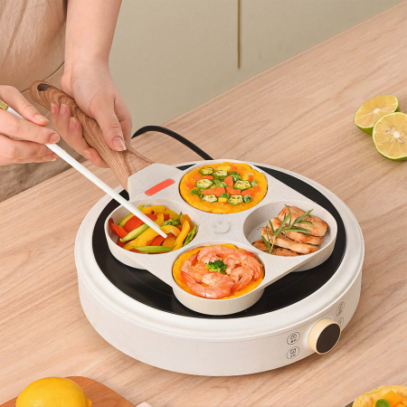 Tigaie Multifunctionala VarioShop®, pentru 4 oua, mini pizza, pancake, sandwich, tigaie cu invelis antiaderent si maner din lemn, bej [5]