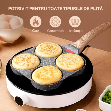 Tigaie Multifunctionala VarioShop®, pentru 4 oua, mini pizza, pancake, sandwich, tigaie cu invelis antiaderent si maner din lemn, Negru [1]