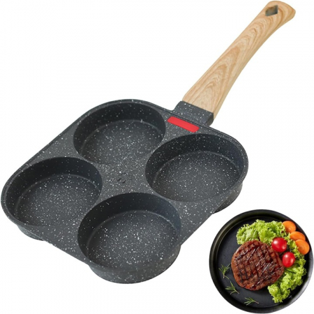 Bucatarie & Servire - Tigaie Multifunctionala VarioShop®, pentru 4 oua, mini pizza, pancake, sandwich, tigaie cu invelis antiaderent si maner din lemn, Negru