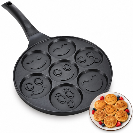 Bucatarie & Servire - Tigaie pentru clatite VarioShop®, 7 forme cu fete zambitoare, invelis antiaderent, aluminiu, 26,5 cm, compatibila cu plite pe gaz, electrice si ceramice, negru marmorat