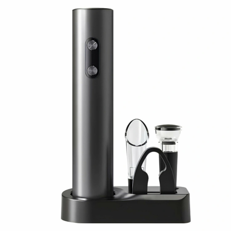 Electrocasnice mici bucatarie - Tirbuson electric automat VarioShop®, pentru sticle de vin, cu turnator, dop cu vid, taietor folie si suport depozitare, alimentare 4 x AA, negru